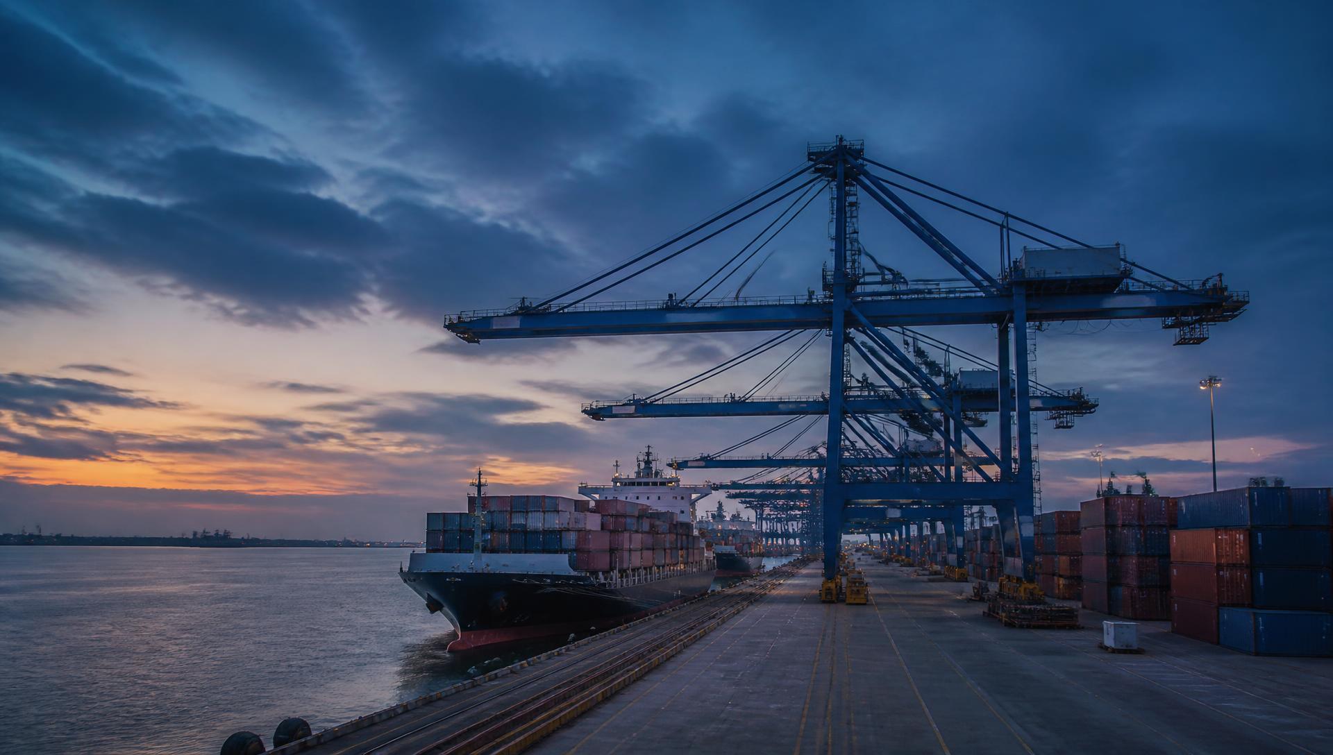 Container ship being loaded at a port terminal