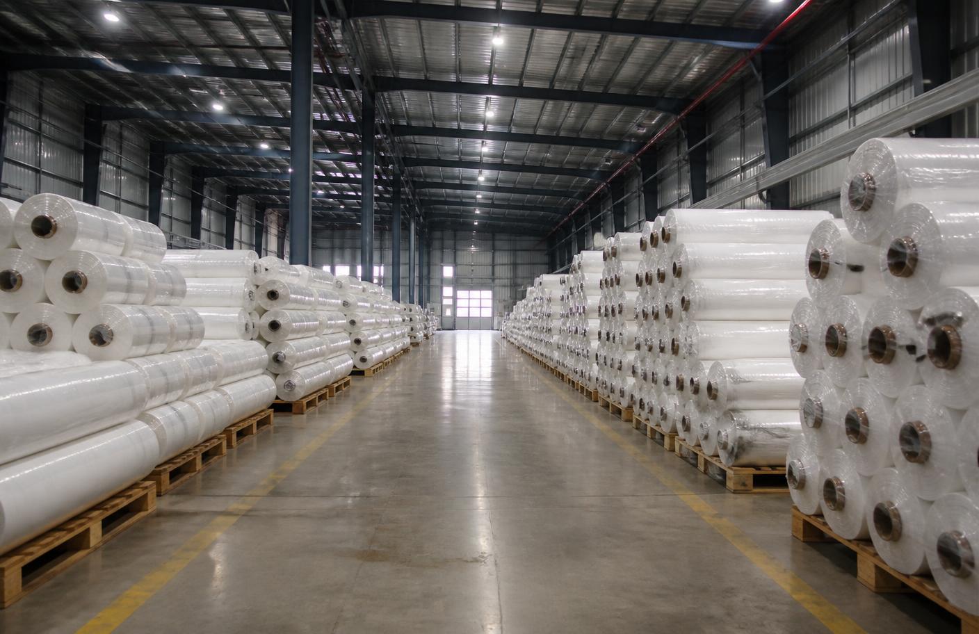 Warehouse aisles with pallets of stacked plastic film rolls